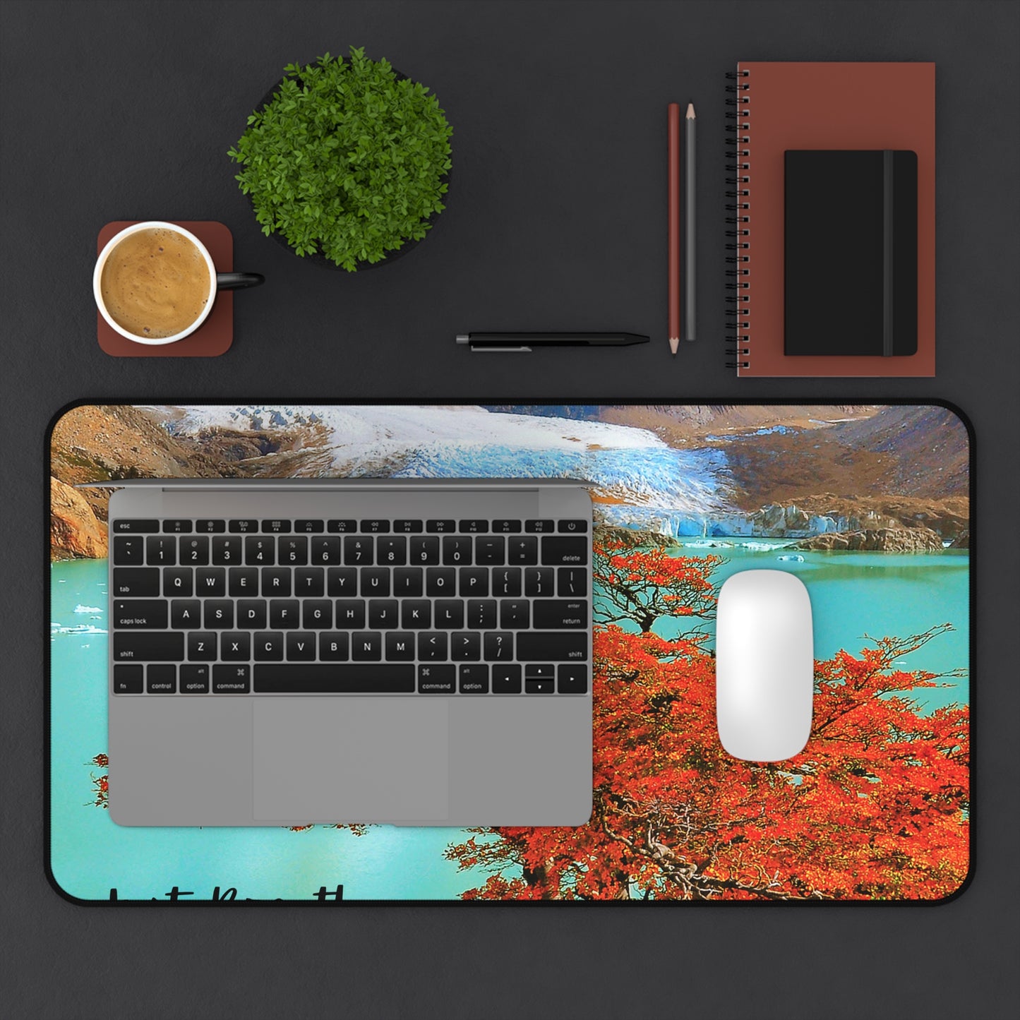 Serene Nature Desk Mat | Just Breathe | Home Office Decor, Gifts for Students, Eco-Friendly Workstation, Meditation Space, Glacier Ice and Red Tree