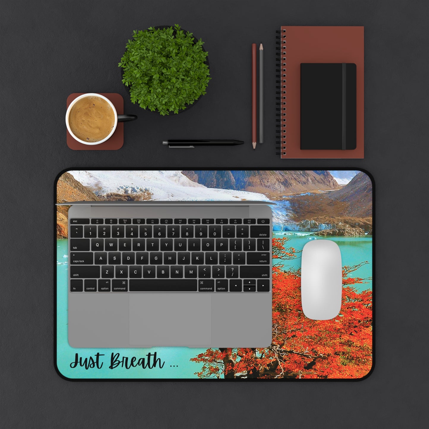 Serene Nature Desk Mat | Just Breathe | Home Office Decor, Gifts for Students, Eco-Friendly Workstation, Meditation Space, Glacier Ice and Red Tree