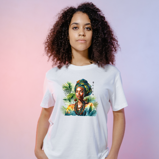 Black Woman's Queen Tee, Vibrant Graphic Shirt, Regal Style Top, Gifts for Her, Summer Fashion