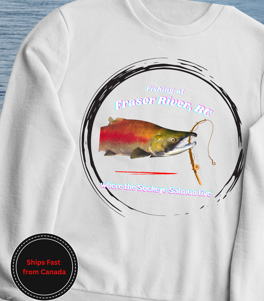 Colorful Fraser River Sockeye Salmon Sweatshirt,  Sweatshirt for Fishermen, Nautical Gift, Relaxed Casual Wear, Fraser River, BC  Printed in Canada