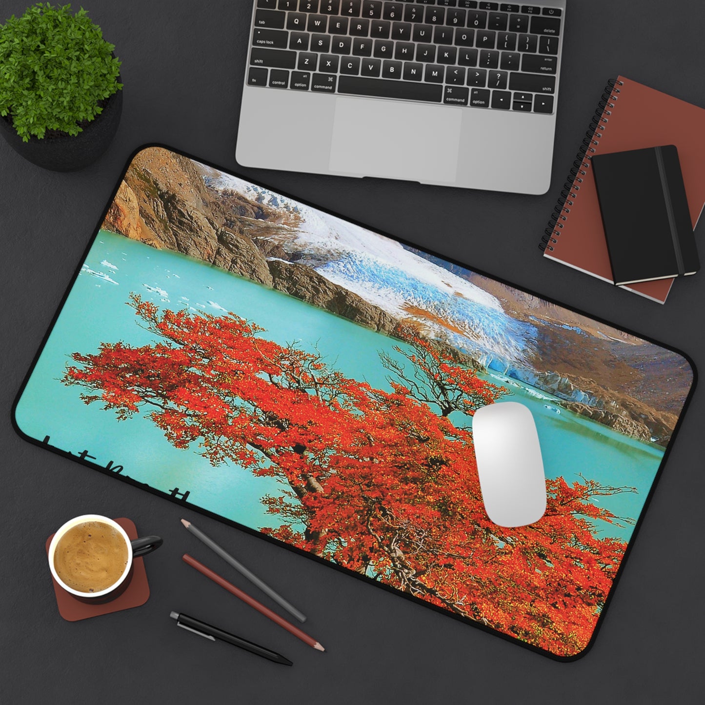 Serene Nature Desk Mat | Just Breathe | Home Office Decor, Gifts for Students, Eco-Friendly Workstation, Meditation Space, Glacier Ice and Red Tree