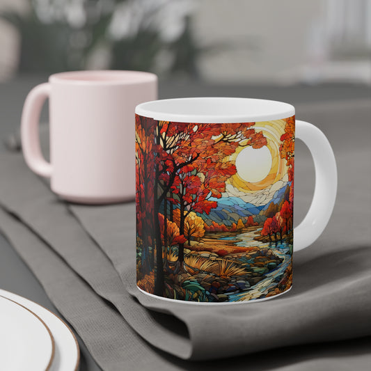 Cozy Fall Vibes, Coffee/Tea Lover Gift, Autumn Landscape Ceramic Mug - Warm Colours, Celebrate Christmas or Autumn Year Round, Printed & shipped from Canada