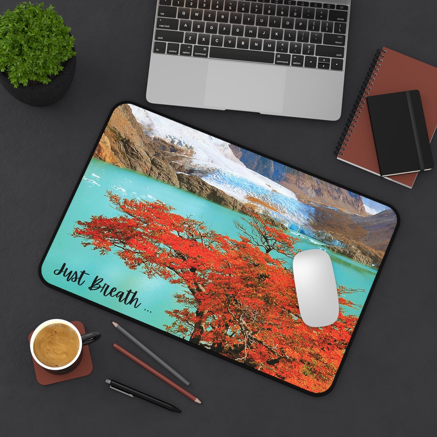 Serene Nature Desk Mat | Just Breathe | Home Office Decor, Gifts for Students, Eco-Friendly Workstation, Meditation Space, Glacier Ice and Red Tree