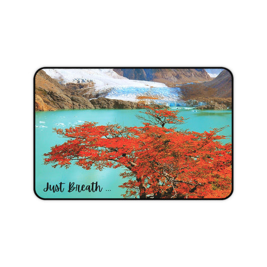 Serene Nature Desk Mat | Just Breathe | Home Office Decor, Gifts for Students, Eco-Friendly Workstation, Meditation Space, Glacier Ice and Red Tree