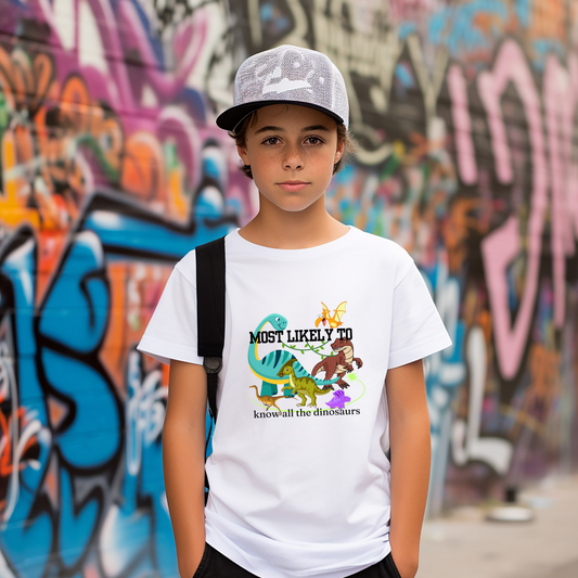 Dino-Themed Kids Tee Most Likely To Know All the Dinosaurs Perfect for Birthdays Playtime and Dino Lovers Dinosaur Kid Expert